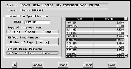 The intervention specification window 